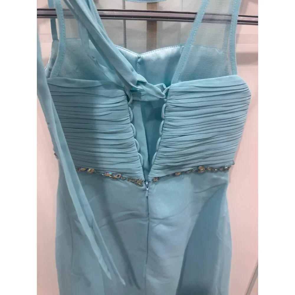 Cinderella Couture Girls Aqua Dress Size 6 With Jewel Embellished Waist & Ruched